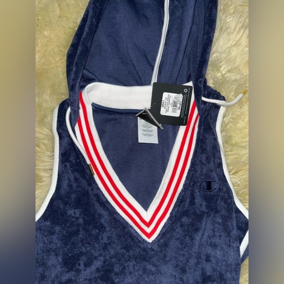 Champion terry cloth shorts romper with hoodie red white and blue - Picture 2 of 7